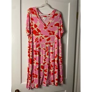 MudPie Women's Pink Red Floral Print Tiered V Neck‎ Short Sleeve Dress small